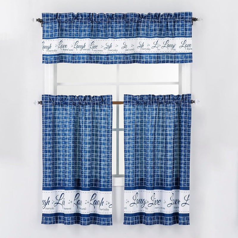 Decotex 3 Piece Live Love Laugh Gingham Check Plaid Kitchen Window Curtain Tiers and Valance Set (Royal Blue, 36" Tiers with 14" Valance) - Image 1